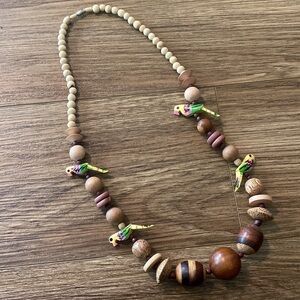 Vintage Hawaiian genuine wood bead and hand carved / painted parrot necklace.